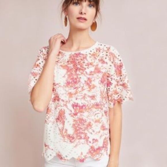 (BOGO Free) Anthropologie Porridge Arber Eyelet Floral Overlay Blouse Top Small - Picture 1 of 3